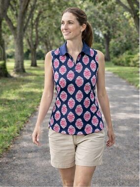 Tommy Bahama Navy Sleeveless Polo Tank with Pink Medallion Print Sz M